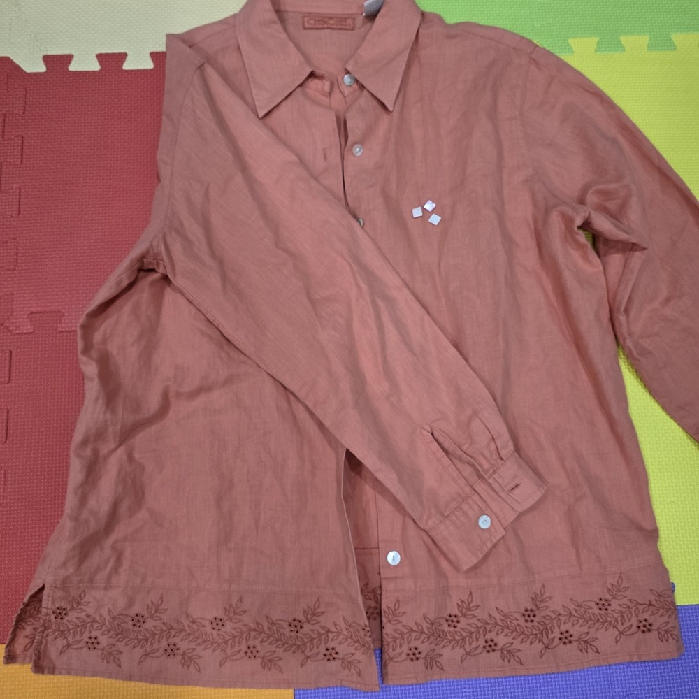 Cherokee Women's Large Linen Blend‎ Button Down Shirt Coral Pink Embroidered Hem